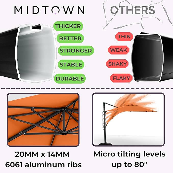 Midtown Umbrellas 10 Ft Outdoor Cantilever Patio Umbrella w/Terylast Bright Orange Fabric - Tilt 360° Offset Patio Umbrella, Deck Patio Umbrella, Backyard Umbrella & Garden Umbrella - Black Frame