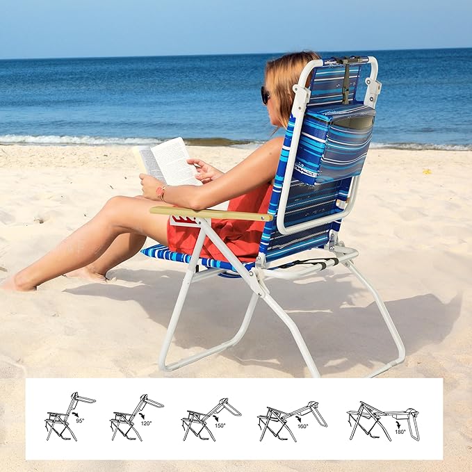 Tall Beach Chairs for Adults, 17" High Backpack Beach Chair with Wooden Armrests, 5 Positions Reclining Heavy Duty Chair with Large Cooler Pouch, Support to 350LBS Striped Blue,2pack