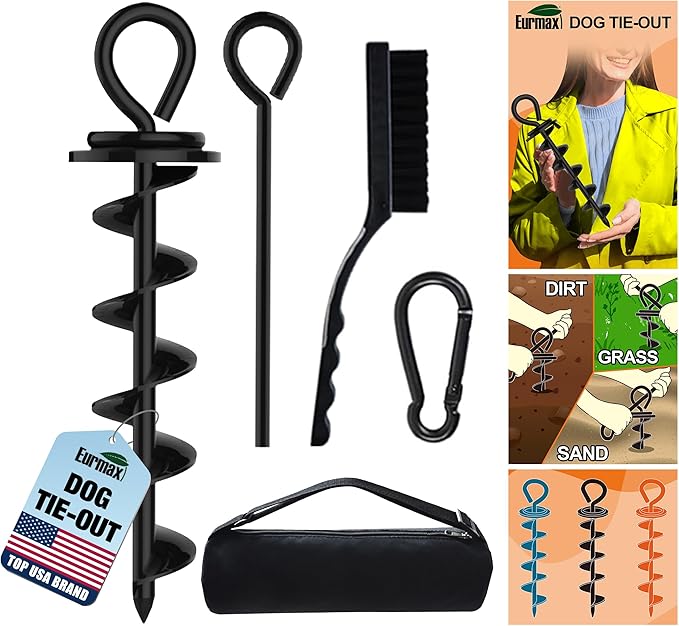 Eurmax USA Heavy Duty Dog Tie Out Stake for Large Dogs up to 210 lbs,Dog Stakes for Outside,Ground Anchor for Dog Leash,Runner Cable, and Pet Gadget Dog Accessories Trampoline Stakes 1-Pack (Black)