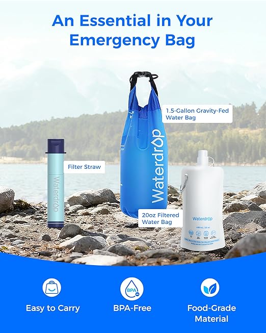 Waterdrop Gravity Water Filter Straw, Camping Water Filtration System, Water Purifier Survival for Travel, Backpacking and Emergency Preparedness, 1.5 gal Bag, 0.1 Micron, Light Blue