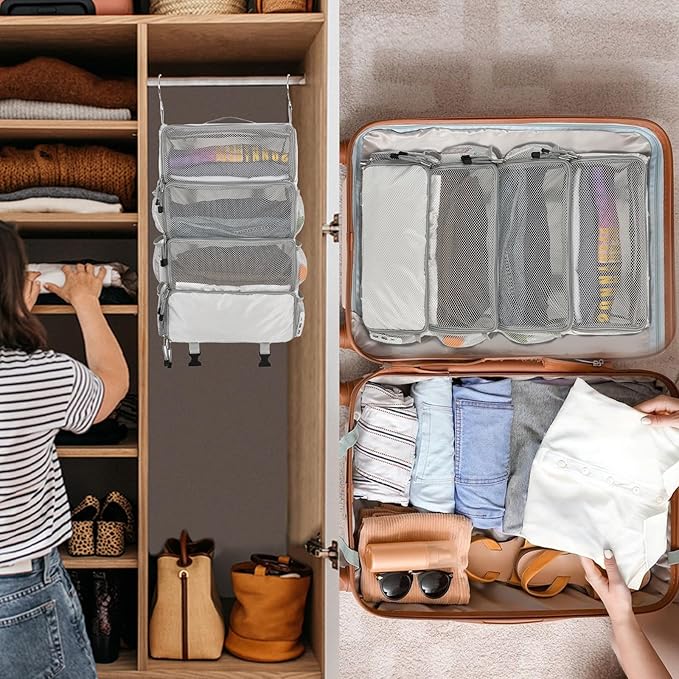 Surblue Travel Hanging Packing Cubes with 2 Hooks Hanging Shelves for Luggage Organizers Portable Compression 4 Shelf Closet Carry-on Suitcases Organizers, Medium, Lightgrey