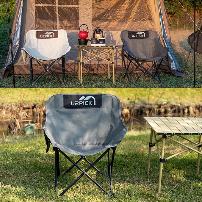 Folding Camping Chairs, Portable Moon Chair Support Up to 330Lbs with Carry Bag, Lightweight Foldable Outdoor Chair with Cup Holder, Gray