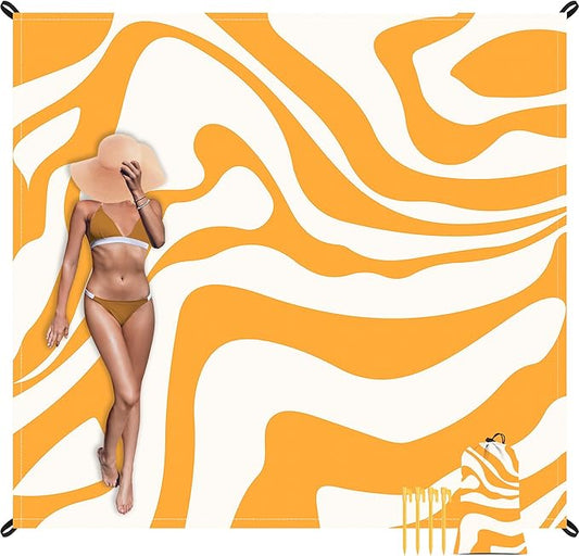 110''×118'' Extra Large Waterproof Sandproof Beach Blanket 8 Adults, Sand Free Outdoor Beach Mat with 4 Stakes & Pockets, Big Compact Picnic Blanket, Essential for Travel, Camping, Summer Vocation