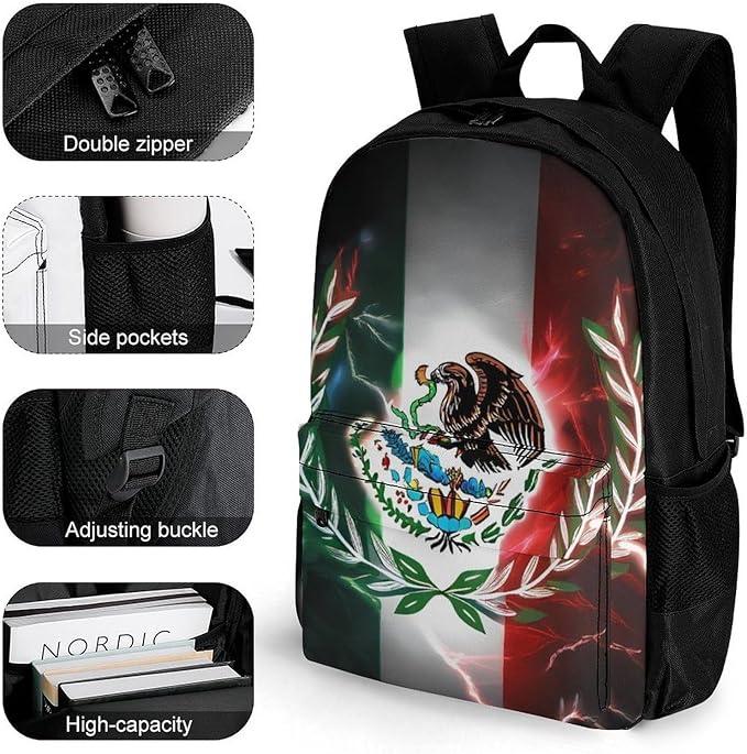 Men Women Polyester Cool Lightnings Eagle Mexico Flag Daypack Big Capacity Shoulder Bag With Smooth Zippers for Hiking Work Walking Cycling