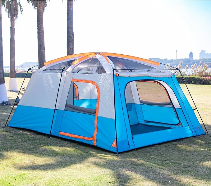 KTT Extra Large Tent 6-10-12-14 Person(B),Family Cabin Tents,2 Rooms,3 Doors and 3 Windows with Mesh,Straight Wall,Waterproof,Double Layer,Big Tent for Outdoor,Picnic,Camping,Family Gathering