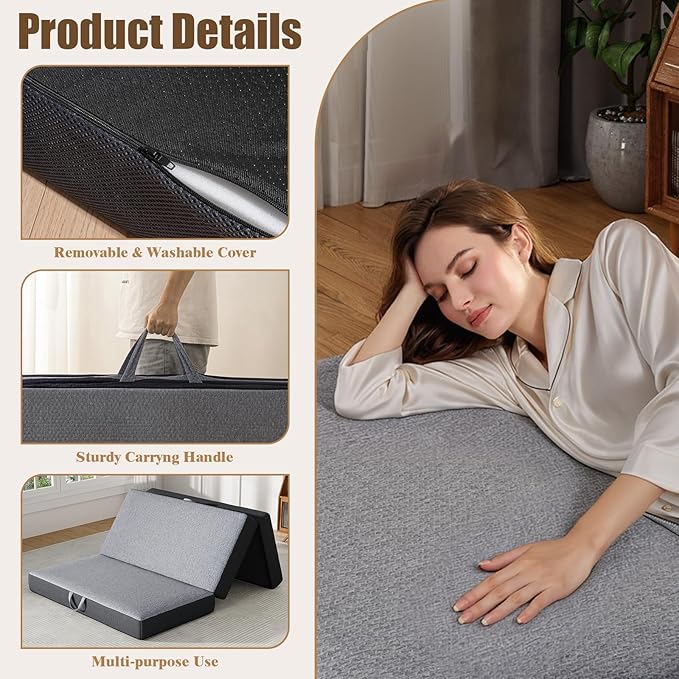Trifold Mattress Queen Size 6 Inch - Foldable Memory Foam Mattress for Camping, Travel, RV, Guest Bed & Yoga - No Slip Bottom, Washable Cover with Handles - Portable Folding Floor Cushion 78"x58"x6"
