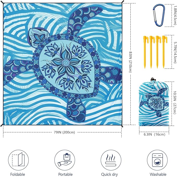 Beach Blanket, Sandproof Beach Mat, Waterproof Quick Drying Lightweight Outdoor Aztec Picnic Mat 79" X 83"/120"x108" for 2-8 Adults for Travel, Camping, Hiking