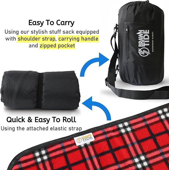 BRAWNTIDE Large Outdoor Waterproof Blanket - Extra Thick Fleece, Warm, Windproof, Sandproof, Quilted, 82" x 55", Ideal for Beaches, Picnics, Camping, Stadiums, Dogs, Car