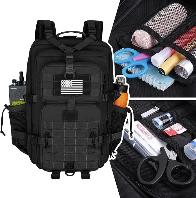 45L MOLLE Assault Backpack, Tactical Backpack Military Army Camping Rucksack with Bottle Holder, 3-Day Pack Trip w/USA Flag Patch, D-Rings, Black with Grey Patch