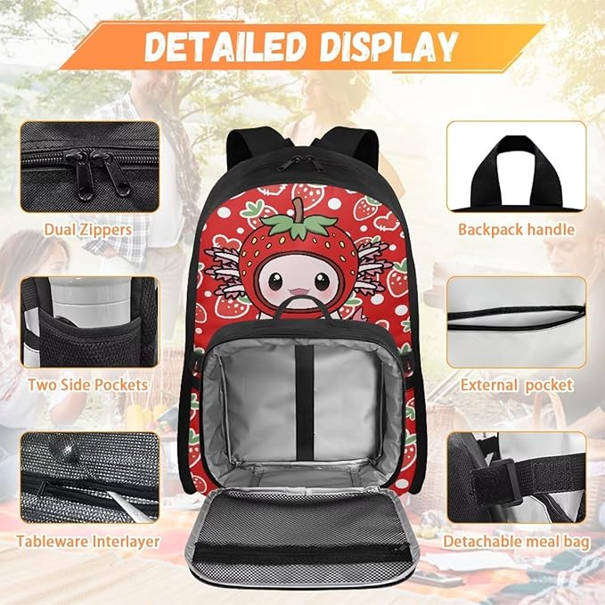 HUGS IDEA Strawberry Axolotl Backpacks for Girls Cute Kids Backpack with Lunch Box Cute Preschool School Bookbag for Kids 3-5 Large 17 Inch Schoolbag Lightweight Girls Book Bags Set