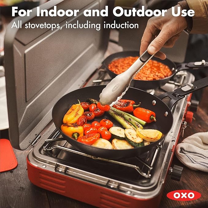 OXO Outdoor Pre-Seasoned Carbon Steel 10" Frying Pan Skillet, Detachable Handle for Easy Storage, Indoor Use, Nonstick with Use, Induction Suitable,Oven & Broiler Safe,Browning, Grill,Sear,Saute,Black