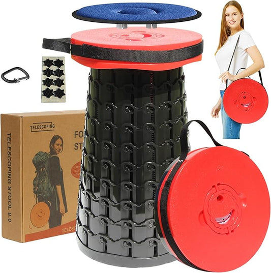 ALEVMOOM 2025 Upgraded XXL 19.7" Collapsible Stool with Cushion, 1000lbs Max Weight Heavy Duty Portable Telescoping Stool, Retractable Seat Folding Chair for Camping Fishing Hiking(Red-XXL)
