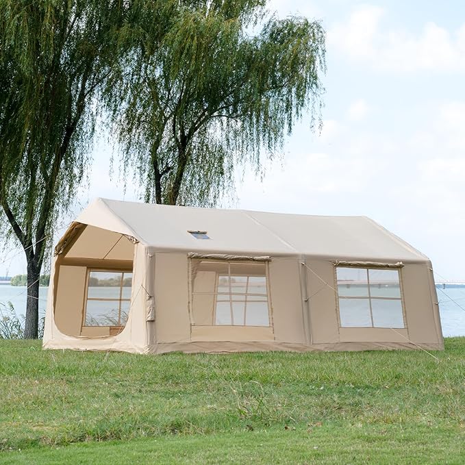 Inflatable Camping Tent with Hand Pump Waterproof Outdoor Blow up Tent 2-8 Person Oxford 4 Season Glamping Air Tent Cabin House with Mesh Windows & Door