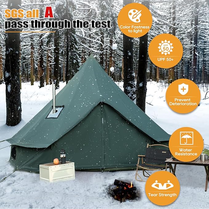 Bell Tent for Camping, Luxury Cotton Outdoor Tent, Yurt Canvas Tent with Stove Jack, for 4/6/8/10 Person Family 4 Season (19.7' (6M), Army Green)
