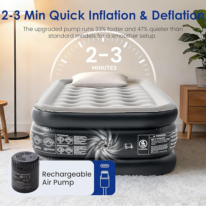 Camping Twin Air Mattress with Built-in Pump 18" Thickness 330lbs Heavy Duty Comfortable Blow up Air Mattress with Carry Bag Inflatable Foldable Flocked Top Air Bed for Travel, Home (Black & Grey)
