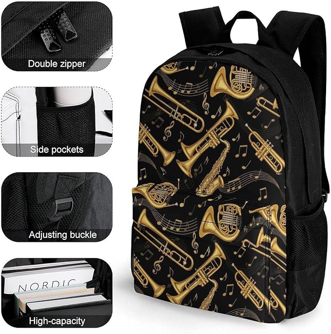 Polyester Daypack for Camping Travel Walking Cycling, Big Capacity Anti-Theft Multipurpose Bookbag, Gold Trumpet Trombone French Horn Black Camping Outdoor Backpack