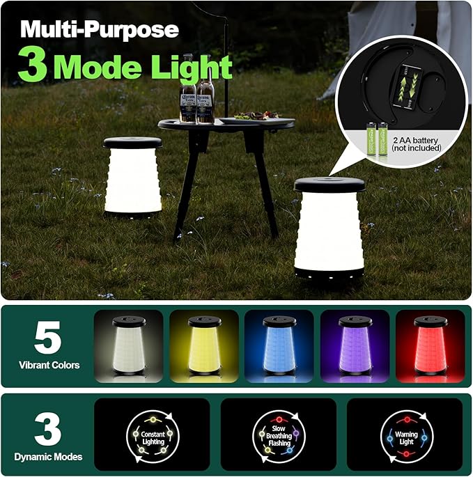 Collapsible Camping Stool with Lights (5 Colors, 3 Modes), Holds up to 400 lbs & Adjustable Height (10 Levels), Portable Folding Chair Stool Seat for Fishing, Parties, Hiking, Travel, Outdoor Events