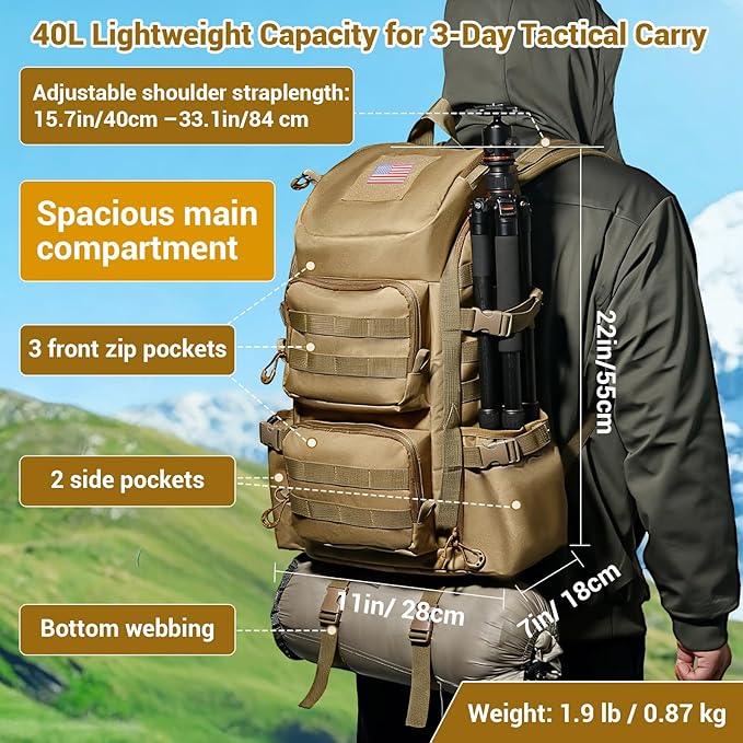 Lightweight Tactical Backpacks with Laptop Compartment for Men 40L EDC MOLLE Military Style 17 in Computer with Cup Holder Travel Hiking Daypack (Khaki)