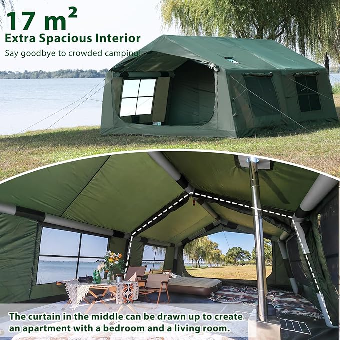 Inflatable Camping Tent with Hand Pump Waterproof Outdoor Blow up Tent 2-8 Person Oxford 4 Season Glamping Air Tent Cabin House with Mesh Windows & Door