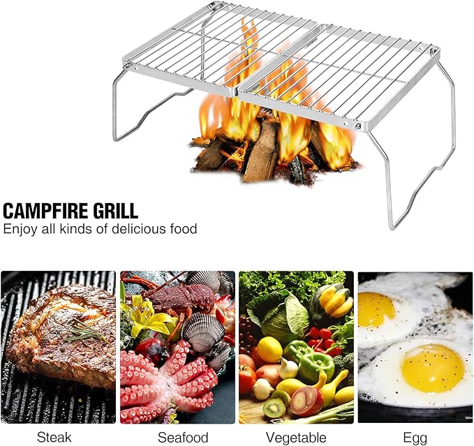 REDCAMP Folding Campfire Grill 304 Stainless Steel Grate, Adjustable Height Portable Camping Grill with Carrying Bag for Outdoor Cooking BBQ