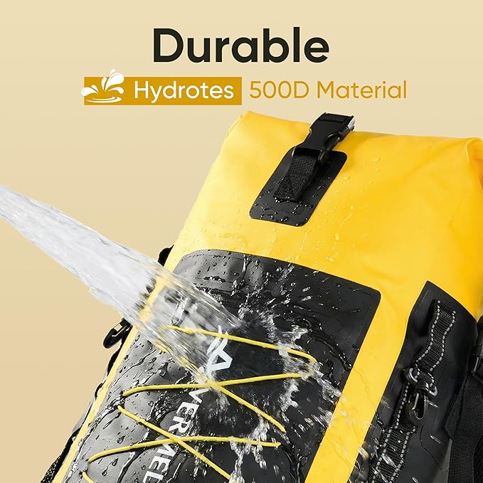 Dry Bag Waterproof Backpack 35L for Men & Women Roll-Top Hiking Backpack with IPX8 Waterproof Phone Case for Kayaking Boating Cushioned Padded Back Yellow
