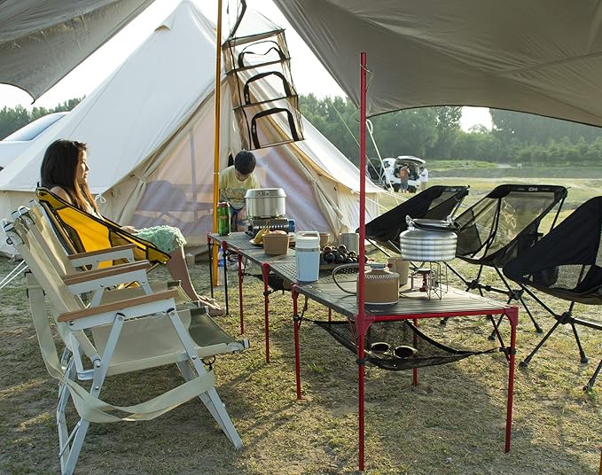 iClimb Extendable Folding Table Large Tabletop Area Ultralight Compact with Hollow Out Tabletop for Camping Backpacking Beach Concert BBQ Party, Three Size (Black - S + Hanger)