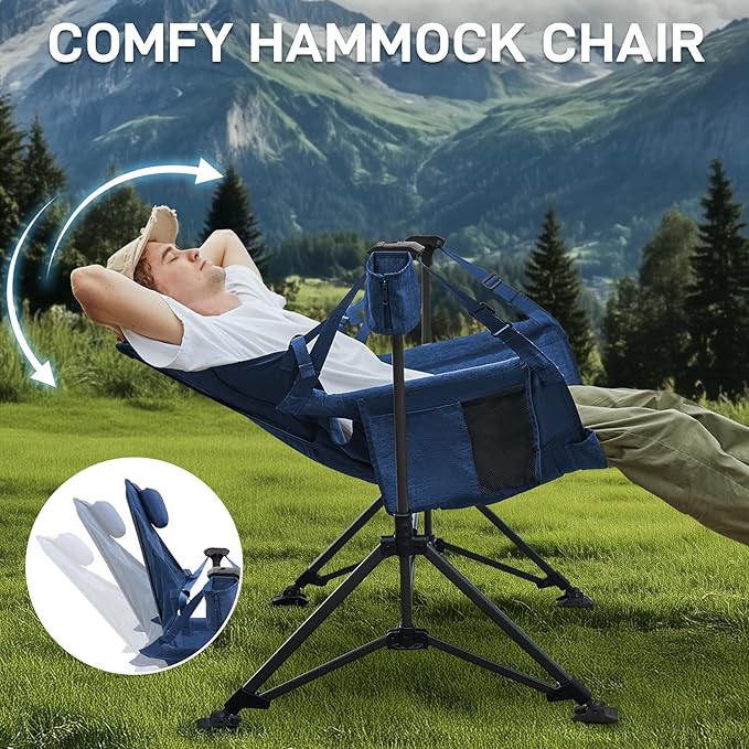 EVER ADVANCED Padded Hammock Camping Chair, Oversized Heavy Duty Swing Chair with Detachable Cup Holder, Portable Folding Rocking Camping Chair, Support Up to 400lbs