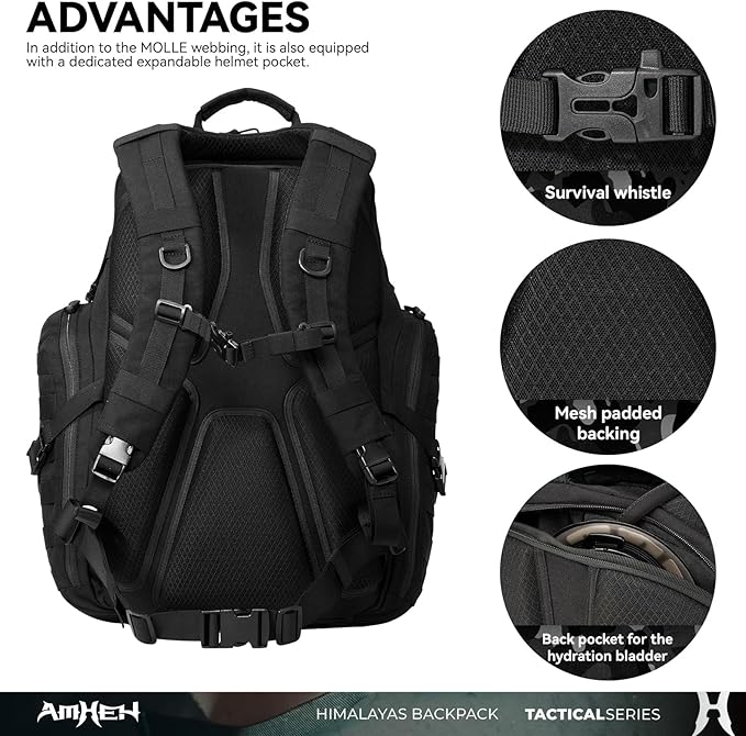 52L Tactical Backpack - 1050D 72 Hour Bug Out, 17" Laptop Compartment, Helmet Pocket and MOLLE for Survival Emergency (Black)