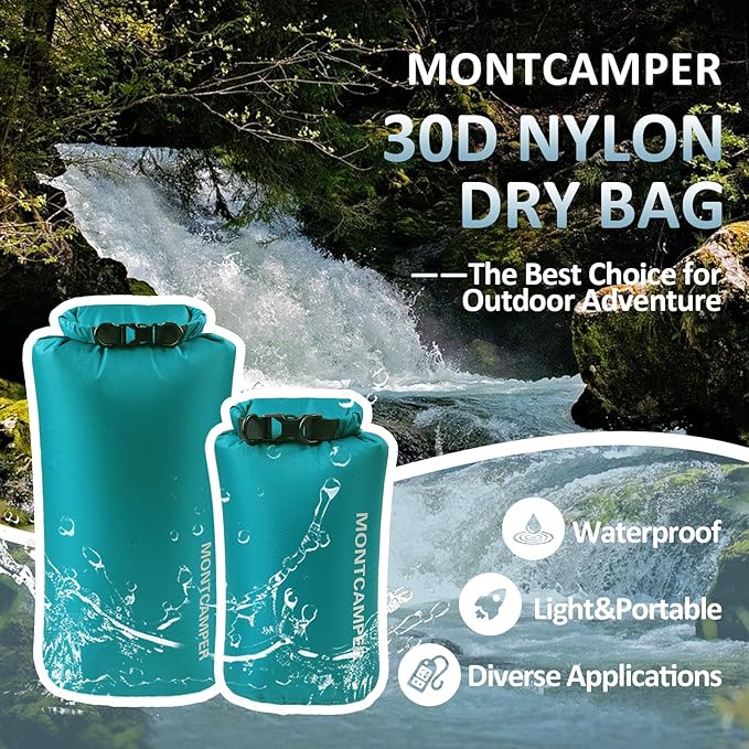 Waterproof Dry Bag Set (5L+20L) – 30D Nylon Roll Top Dry Sacks with DWR & PU Coating, Lightweight Storage for Kayaking, Camping, Hiking, Fishing & Beach (Turquoise Blue)