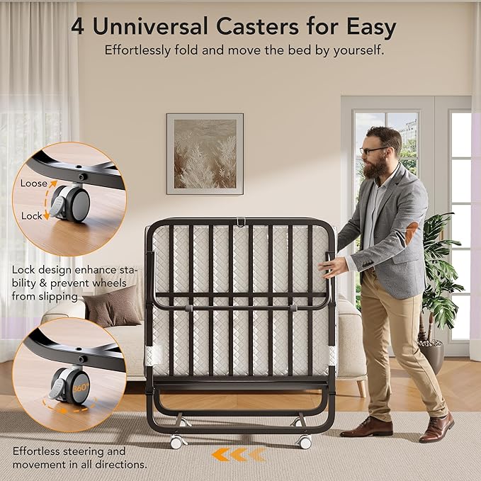 Folding Bed with Memory Foam Mattress, 75" x 31" Cot Size Portable Foldable Bed with Movable Wheels, Space-Saving Sturdy Metal Frame, Twin Rollaway Bed for Adults for Guest Room, Apartment, Camping