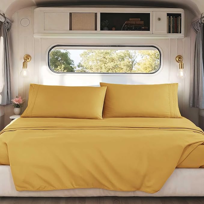 Hearth & Harbor Short Queen Sheets for RV, Camel Gold RV Queen Sheets, Silky Soft 1800 Microfiber Bed Sheet for Camper, 4 Piece RV Bedding with Pillowcases