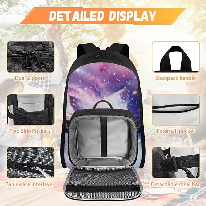 HUGS IDEA Cosmic Fox School Backpack for Girls 2 in 1 Kids Bookbag Set with Lunch Box for Preschool Kindergarten School Lightweight 17 Inch School Bag for Girls 4-6 Kids Travel Daypack