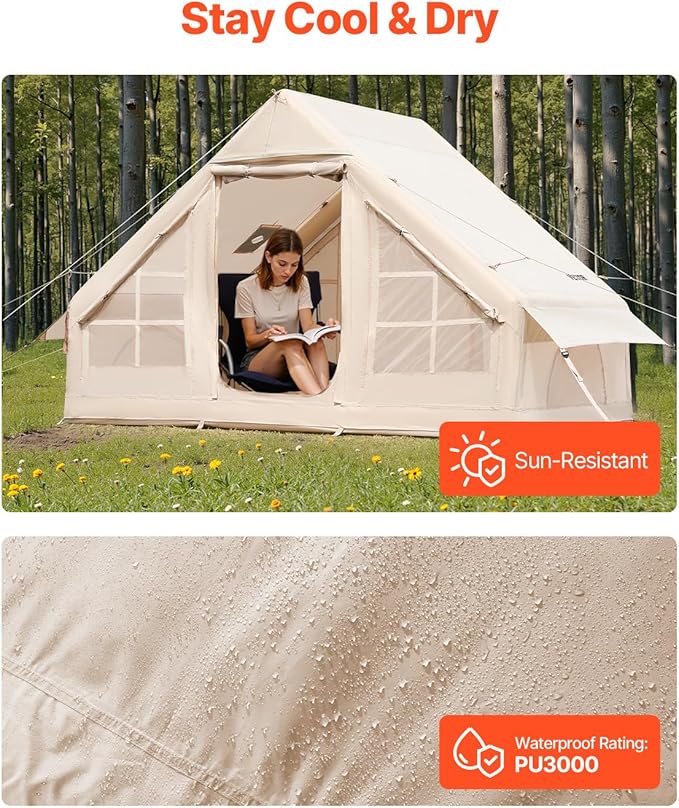 VEVOR Inflatable Tents for Camping, Easy Setup Blow up Tent with Hand Pump, 4 Season Glamping Tent with Stove Jack, Doors & Mesh Windows, Storage Bag Included for Easy Taking