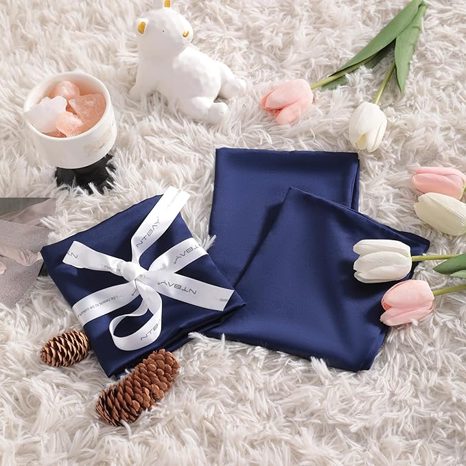 NTBAY Zippered Silk Satin Toddler Pillowcases - 2 Pack Hidden Zipper 13x18 Pillowcases - Luxury and Silky Baby Travel Pillow Covers, Navy Blue