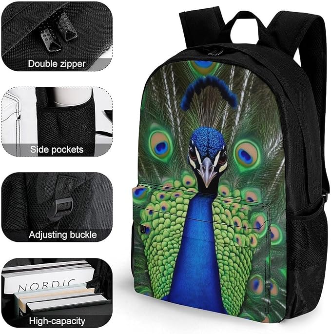 Daypack Backpack Anti-Theft Multipurpose Big Capacity Bookbag, Peacock Feather Business Computer Bag With Side Pockets