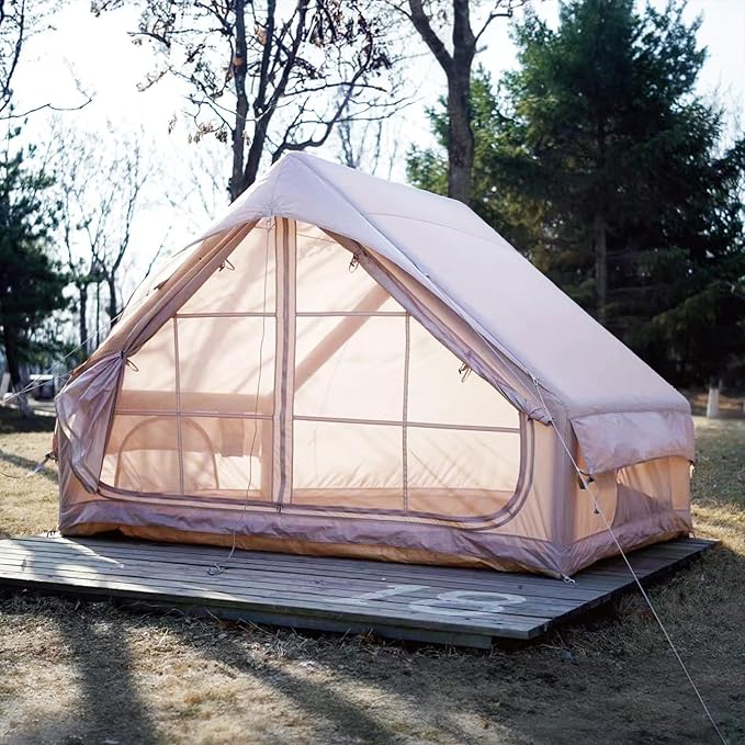 Inflatable Tents for Camping with Pump, Air Glamping Tents, Easy Setup 10 * 6.9ft Waterproof Blow up Tent, 2-4 People Oxford Cabin Tent with Mesh Window.