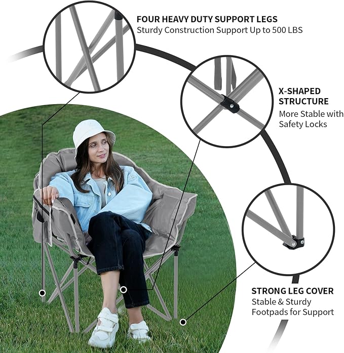 Oversized Heated Camping Chair, 3 Heating Levels Soft Padded Camp Chairs with Pillow and Storage Bag, Portable Folding Outdoor Heated Moon Chair for Camping Lawn Patio Beach and Picnics, Grey