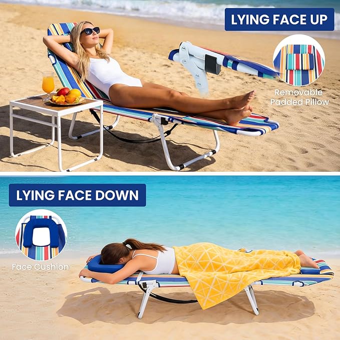 LILYPELLE Portable Folding Camping Cot, Adjustable 5-Position Face Down Folding Chaise Lounge Chairs, Outdoor Portable Folding Bed Sleeping Cot for Camping, Pool, Beach, Patio