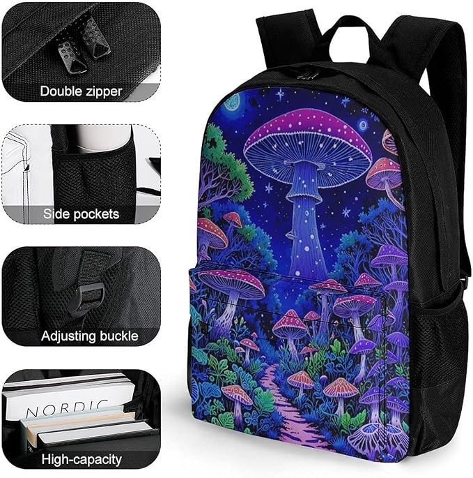 Supdreamc Rucksack Polyester Anti-Theft Multipurpose Magic Mushroom Neon Purple Pattern Bookbag Big Capacity Travel and Sport Backpack Rucksack With Side Pockets