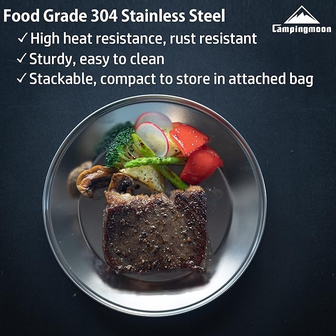 CAMPINGMOON Camping Plates Set Stainless Steel Dishwasher Safe Kitchenware S395 (Pack of 4, 標準)