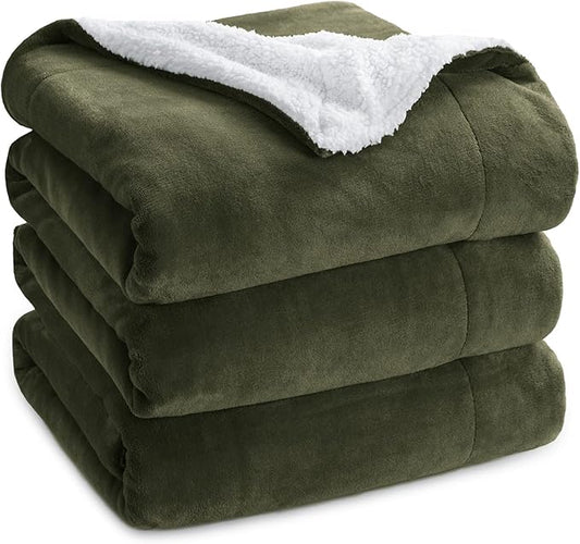 Bedsure GentleSoft Sherpa Fleece Blankets King Size for Bed - Thick and Warm, Soft Fuzzy Plush King Blanket for Winter, Olive Green, 108x90 Inches