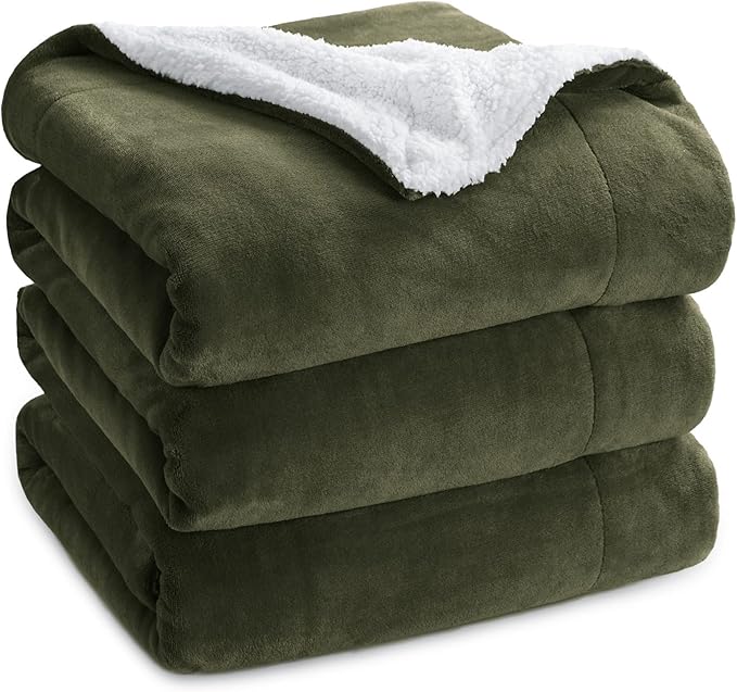 Bedsure GentleSoft Sherpa Fleece Blankets Queen Size for Bed - Thick and Warm, Soft Fuzzy Plush Queen Blanket for Winter, Olive Green, 90x90 Inches