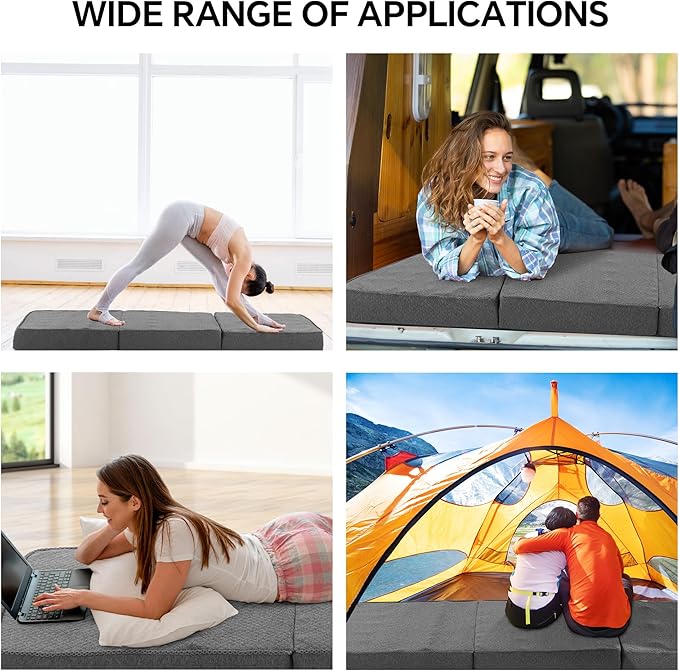 HOMBYS 5-Zone Memory Foam Tri-fold Mattress, 4 Inch Single Size Foldable Mattress with Washable Cover, Portable Floor Mat Bed with Elastic Band for Storage, Cot Pad for RV, Camping, Travel and Guest