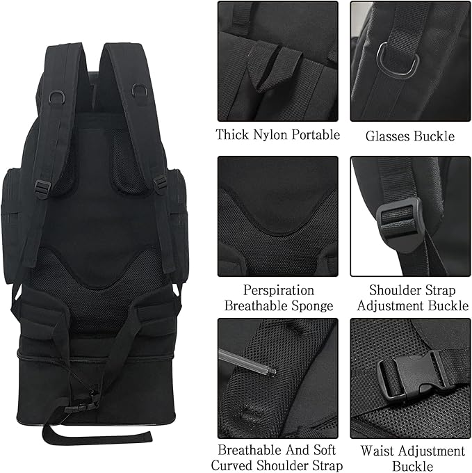 100L Camping Hiking Backpack, Military Tactical Backpack Molle Rucksack, Extra Large Hiking Daypack, Water Resistant Hiking Bag, Outdoor Sports Backpack, Adjustable Sport Bag (Black)