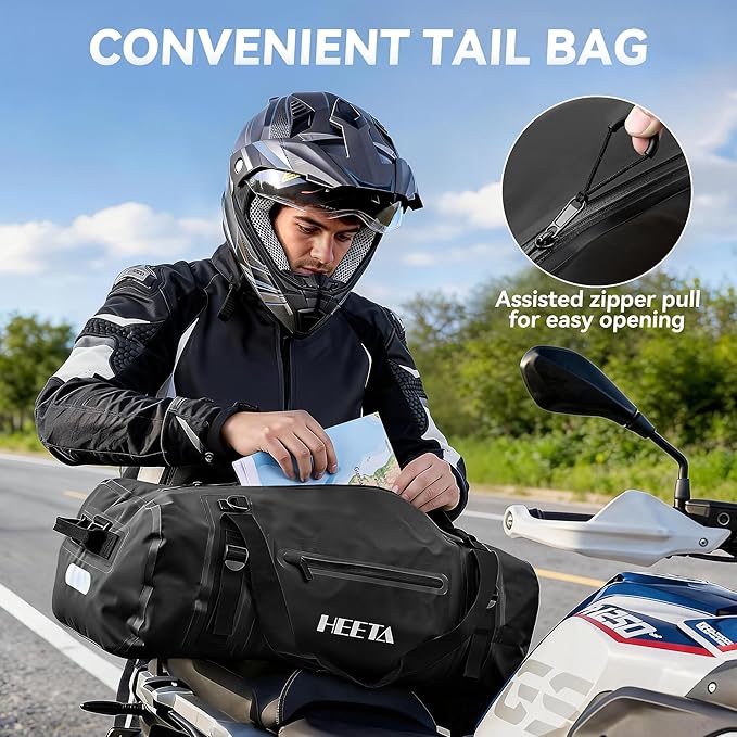HEETA Waterproof Motorcycle Dry Bag, Waterproof Duffel Luggage Travel Bags with Zippered Closure & Pocket, Shoulder Straps, Large Space for Motorcycling Camping Commuting Boating (Black, 70L)