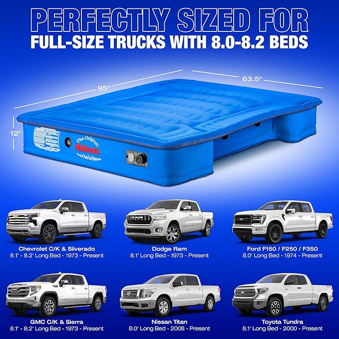 PITTMAN OUTDOORS AirBedz Mattress - Truck Bed Air Mattress, Full-Size, Long Bed, 8' Long, Built-in Rechargeable Battery Air Pump, Blue, Carry Bag, Patch Kit, 95" L x 63.5" W x 12" H