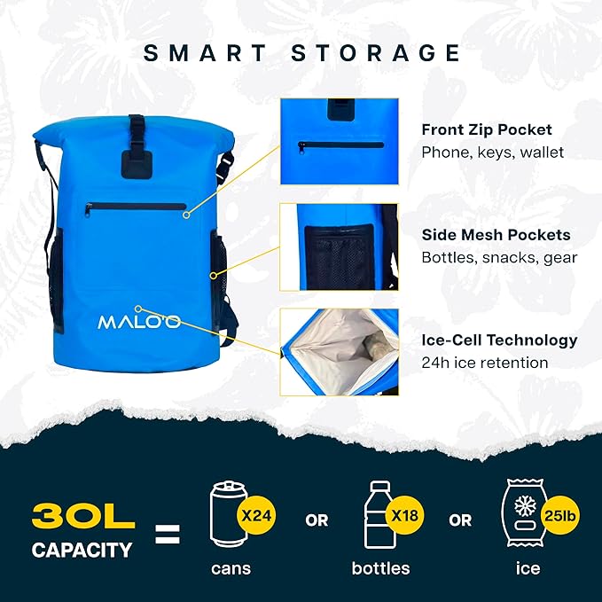 Malo’o Pro Adventure Insulated Backpack Cooler, Leakproof Soft Cooler Backpack for Camping, Fishing, Hiking, Kayaking, Beach