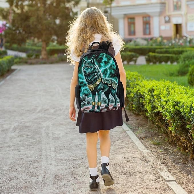 Polyester Daypack Backpack for Climbing Outdoors Running, Big Capacity Multipurpose Anti-Theft Bookbag, Mountain And Northern Light Wolves Psychedelic Travel Hiking Camping Rucksack