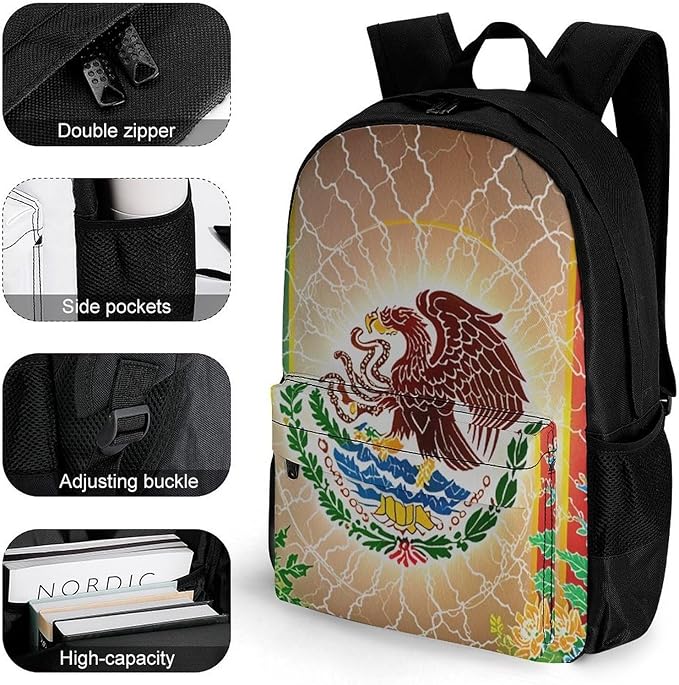Daypack Polyester Anti-Theft Multipurpose Mexican Flag Lighting Flower Bookbag Big Capacity Gym Outdoor Hiking Backpack With Adjustable Shoulder Straps