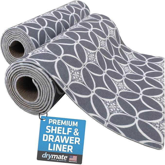 Drymate Premium Luxury Shelf & Drawer Liner, Thick Cushioned Fabric, Non-Adhesive, Absorbent, Waterproof, Slip-Resistant, Liners for Kitchen Cabinets, Cupboards (USA Made)(12”x59”)(2-Pack)(IndigoGrey)